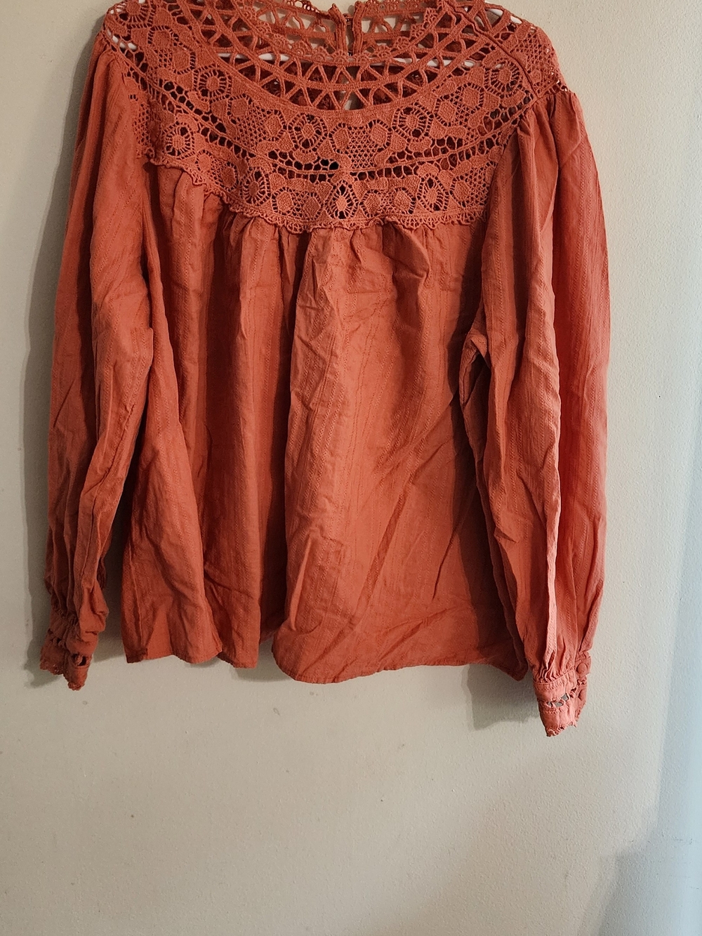 Torrid Rust Terracotta Orange Crochet Lace Yoke Long Sleeve Blouse Size 2